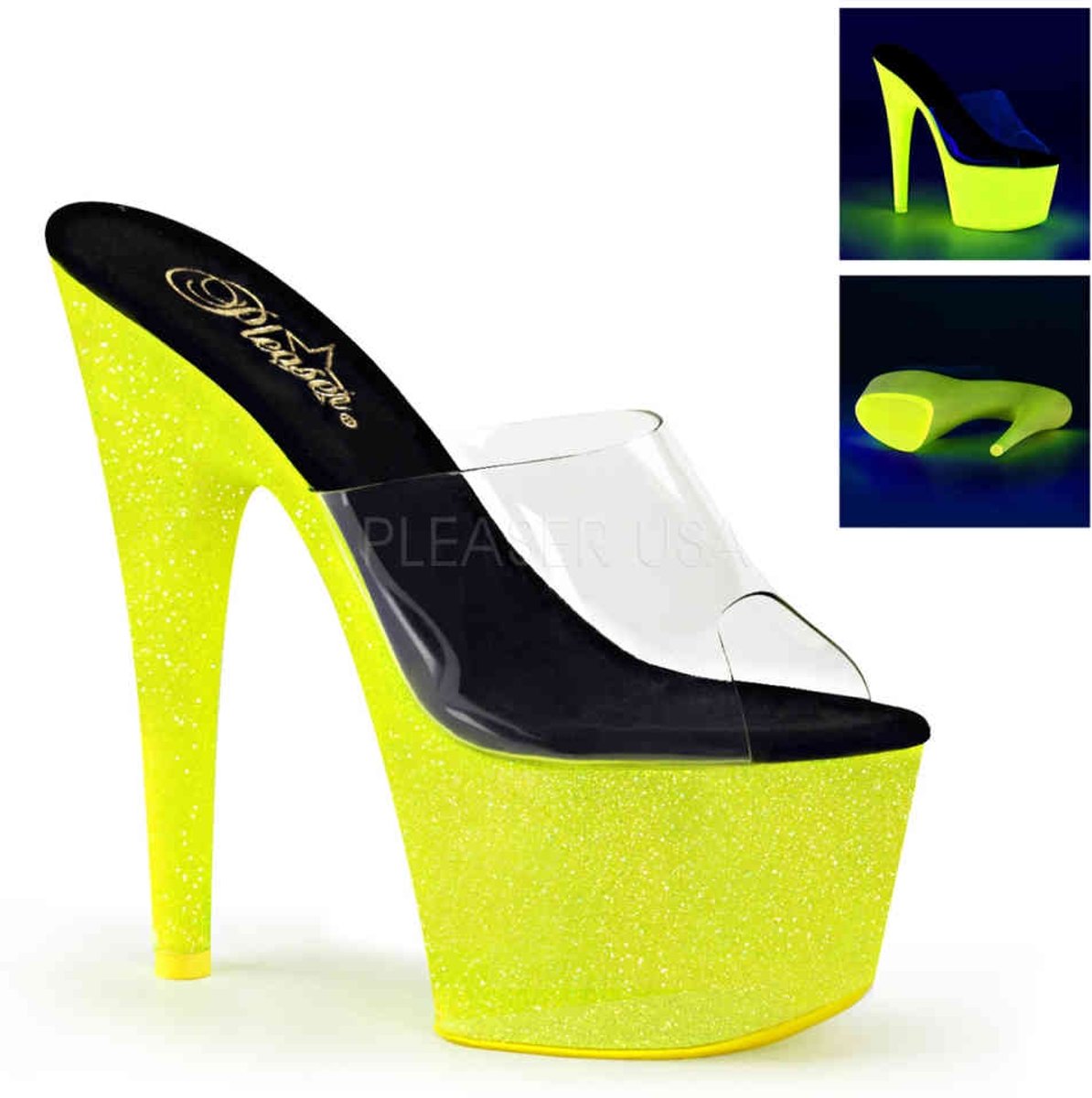 EU 36 = US 6 | ADORE-701UVG | *7 Heel, 2 3/4 PF Slide, Neon UV Reactive